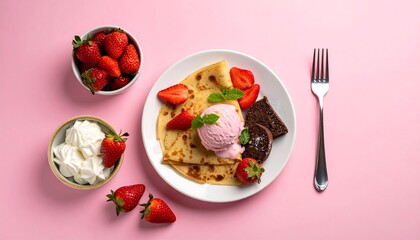 Crepes with ice cream, brownie, and strawberries, with a fork on a pink background, top-down view
