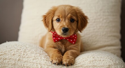 Adorable golden retriever puppy wearing a red polka dot bow tie rests on soft cushions