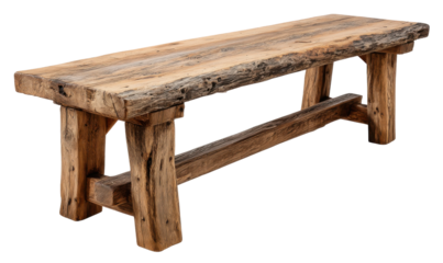 Rustic wooden bench with a natural edge, perfect for outdoor or indoor seating.