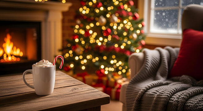 A mug of hot chocolate with a candy cane on a table near a christmas tree and a fireplace