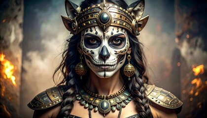 Fierce female figure with skull face paint, ornate armor, and wolf ears stares intensely amidst fiery, smoky ruins