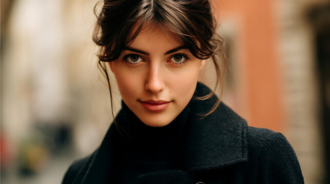 Captivating portrait of a stylish young woman with an intense gaze in an urban setting
