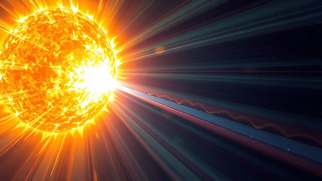 A painterly solar corona explosion with rippling aurora energy cascading toward a small blue planet.