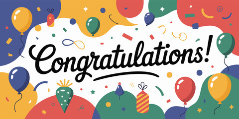 Congratulations text in bold script on a colorful graphic background of balloons confetti  shapes