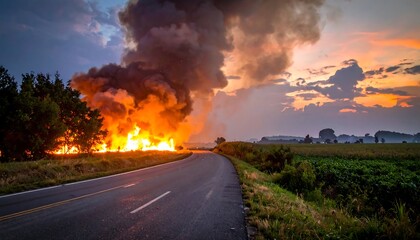 Fiery blaze consumes a field near a road as ominous smoke billows, all beneath a dramatic sunset sky