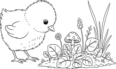 Adorable Cartoon Chick Exploring Mushroom and Flowers - Black and White Outline for Children's Coloring