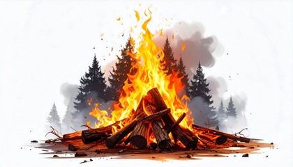 Fiery bonfire ablaze with radiant orange flames, surrounded by smoky silhouettes of trees against a white background