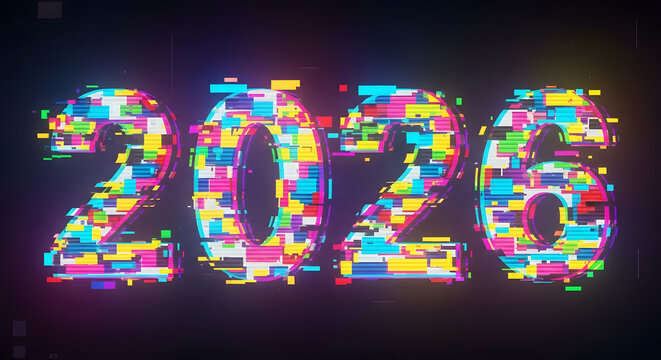 Year two thousand twenty six with glitch effect on a dark background colorful and vibrant design - Powered by Adobe