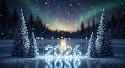 Enchanting Winter Scene with Northern Lights and Year 2026 Celebration
