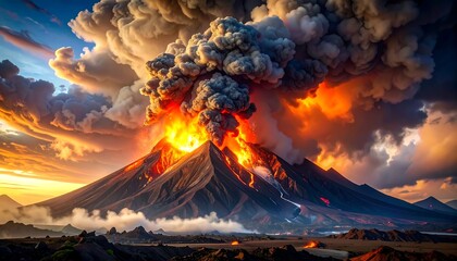 Fiery eruption from a volcanic mountain, orange sky, ash clouds, molten lava. Rugged landscape and distant mountains