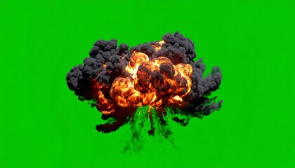 Fiery explosion with dark smoke rising against a bright green screen background