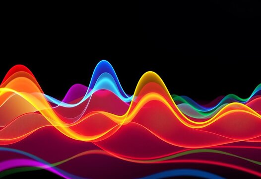 Vibrant colorful sound waves visualized as abstract shapes,  spectrum,   harmonics