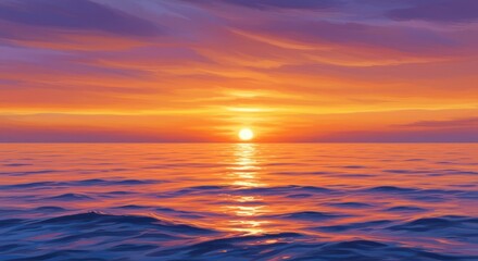 Fototapeta premium Brilliant sun dips below the horizon over a vast expanse of undulating ocean water.