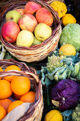 fruit and vegetable display, bright market stand featuring organic fruits and vegetables for health