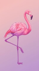 Fototapeta premium Vibrant pink avian stands gracefully on one leg against a soft gradient background
