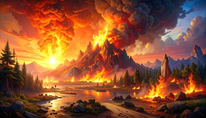 Fiery landscape blazing mountains and fields engulfed in flames under an apocalyptic, orange-hued sky