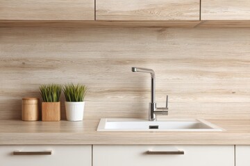 Modern kitchen sink area with light wood accents and green plants.