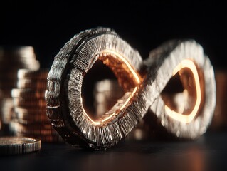 A metallic infinity symbol illuminated by warm golden light among stacked coins, representing limitless growth, enduring value, and financial continuity