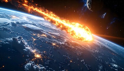 Fiery meteor hurtles toward Earth, illuminating the planet and space with its explosive descent