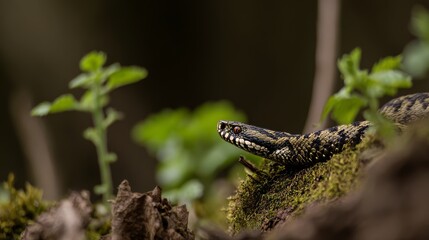 Obraz premium Adder basking in early spring sunlight after emerging from winter hibernation, coiled snake warming on forest floor, representing wildlife awakening, reptile behavior, natural temperature regulation