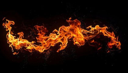 Fiery orange flames dance horizontally against a stark black backdrop, radiating heat and intensity