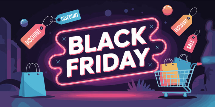 Black Friday graphic shopping cart with bags illuminated sign discount tags on a purple background