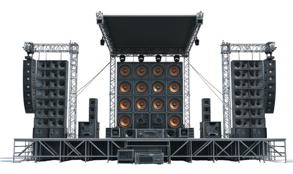 A large outdoor concert stage with multiple speakers and lighting equipment.