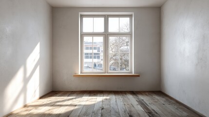 Obraz premium Sunlight streams through a window into an empty room with wooden floors.