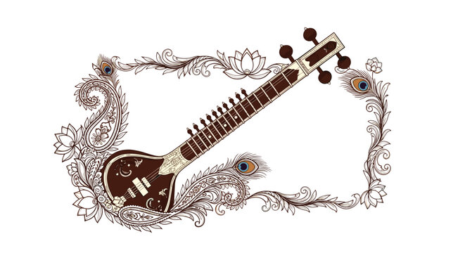 Intricate Sitar Instrument Depicted with Floral Frame and Details.