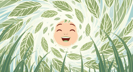 Joyful baby face emerging from a swirl of green leaves and grass, symbolizing nature's embrace and new beginnings