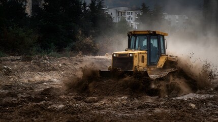A powerful yellow bulldozer is actively working and moving large amounts of mud and dirt on an outdoor construction site
