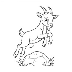 Playful Cartoon Goat Leaping Over a Rock - Black and White Outline for Children's Coloring Books