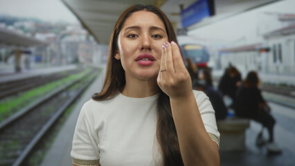 Fototapeta premium Young hispanic woman displays hand gesture with lips parted on railway platform at train station; anticipation uncertainty patience optimism.
