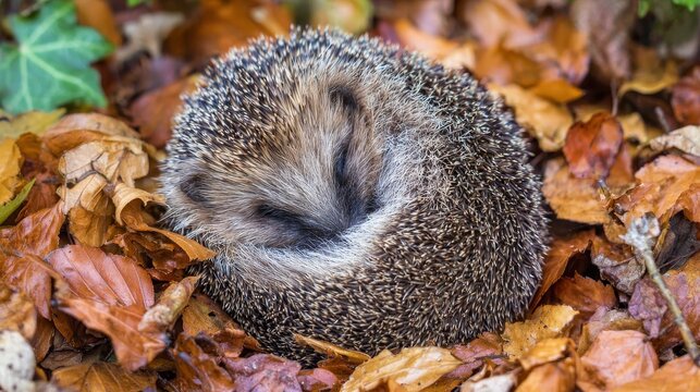 Wild European hedgehog (Erinaceus europaeus) hibernating curled into a ball among fallen autumn leaves in natural woodland habitat, close up, horizontal view, showing seasonal wildlife behavior nature - Powered by Adobe