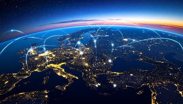 Earth view from space shows Europe illuminated at night with global connection lines, orange sunset horizon