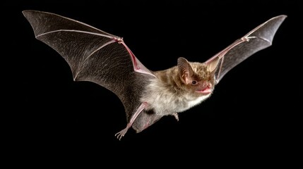 Fototapeta premium Mouse-eared bat (Myotis myotis) flying at night against black background, showing nocturnal wildlife behavior, night flight, mammal ecology, aerial movement, bat species, and conservation concept