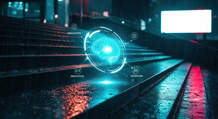 Fototapeta premium Futuristic brain hologram glows on wet city steps at night, symbolizing innovation, teamwork, and technology in modern urban environment with neon lighting and rain