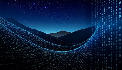 Digital landscape with binary code flowing like rivers under a starry night sky and dark mountains backdrop