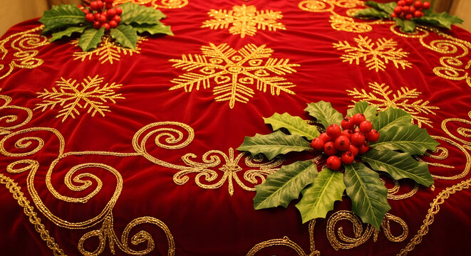 A festive red tablecloth with golden snowflake embroidery and holly berry accents for christmas decor