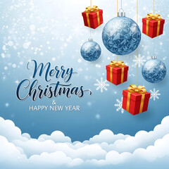 Festive Holiday Greeting Design with Silver-Blue Baubles and Red Gifts on Soft Blue Background