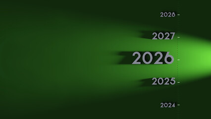 2026 text in a timeline illuminated by a spotlight - 3D rendering on a green background