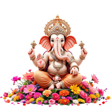 Lord Ganesha Statue on Floral Bed &ndash; Symbol of Wisdom, Beginnings, and Cultural Celebration &ndash; White Background