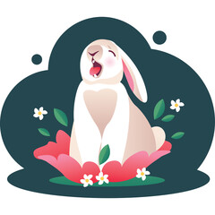 A White Rabbit Yawning Open Mouth Sitting Inside a Pink Flower Surrounded by Green Leaves and White Flowers with Dark Green Cloud Background