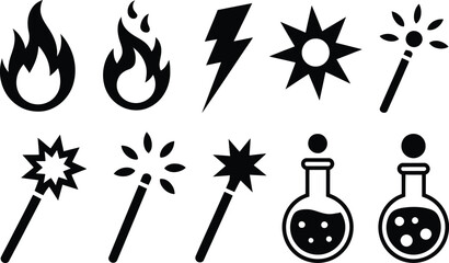 Magical elements set fiery flames lightning stars wands potion symbols for fantasy and sorcery