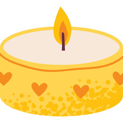 A Whimsical Yellow Candle with Orange Hearts and a Flickering Flame on a Transparent Background