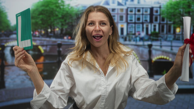 Woman smiles holding learner sign and rolled certificate with red ribbon on street by canal in amsterdam; pride celebration.