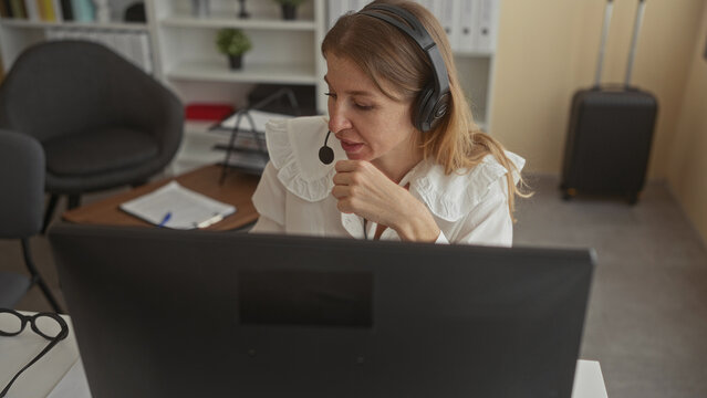 Woman with headset speaking and gesturing with hands at computer monitor in office building near notepad and glasses; focused engagement. - Powered by Adobe