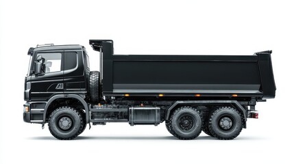 Dump Truck Side View. Black Tipper Truck Isolated on White Background
