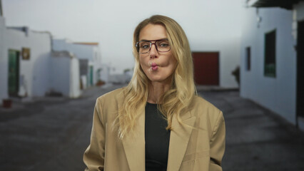 Fototapeta premium Woman smiling outdoors in a casual urban setting with white buildings and clear skies, embodying a carefree mood.