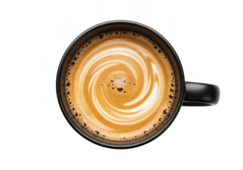 Top view coffee cup with latte art, hot drink, coffee shop, cafe, morning beverage, cappuccino, espresso isolated on transparent background